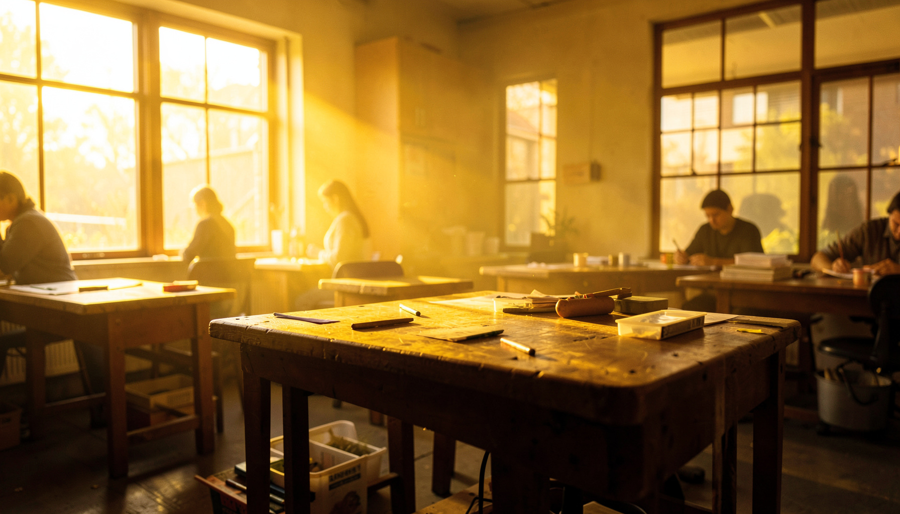 A warm golden-hour photograph of a collaborative workshop space with rich wooden tables and soft amber light streaming through large windows, creating an atmosphere of focus and possibility
