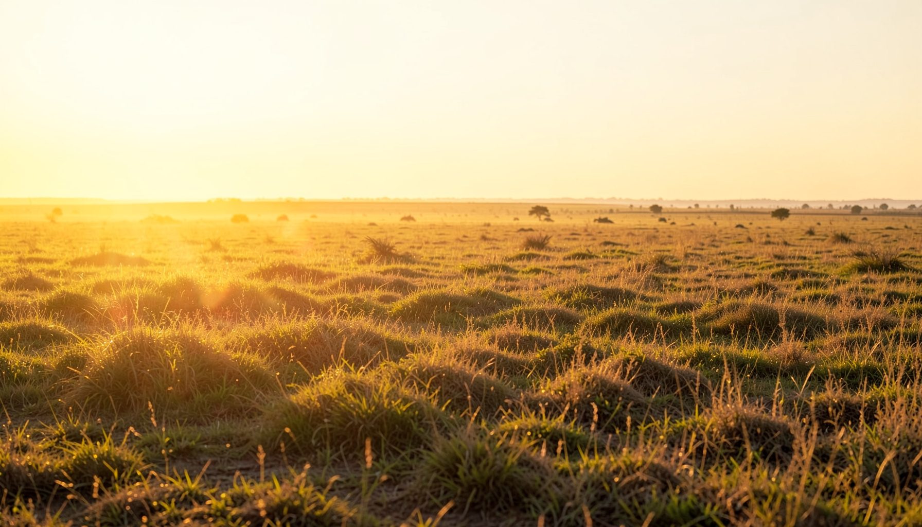 Warm golden-hour light falling across an open savannah landscape, with soft amber and ochre tones stretching toward a distant horizon under a pale sky.