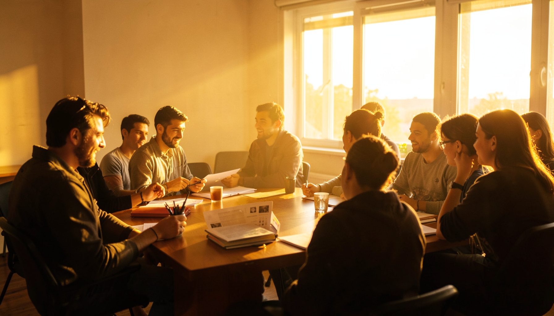 A sunlit seminar room with young adults engaged in a leadership workshop, warm amber and deep brown tones