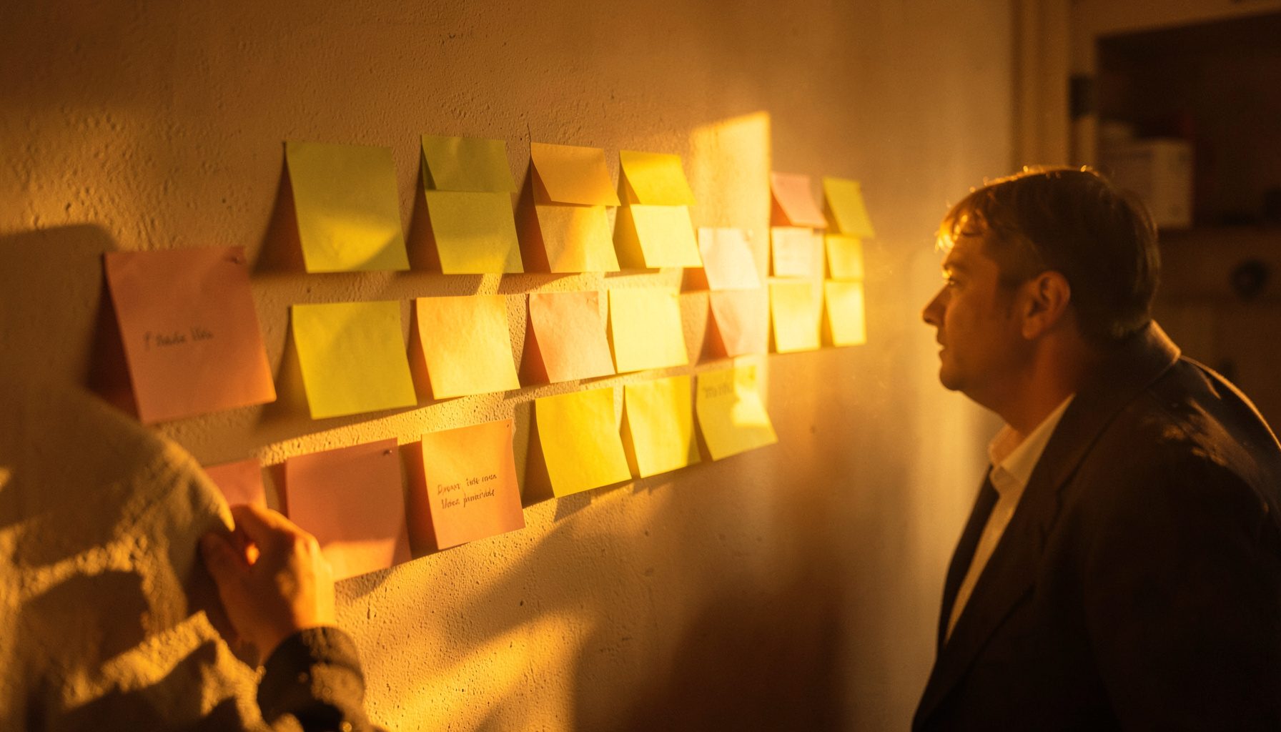 A collaborative brainstorming session with sticky notes on a wall, warm golden light and rich earth tones
