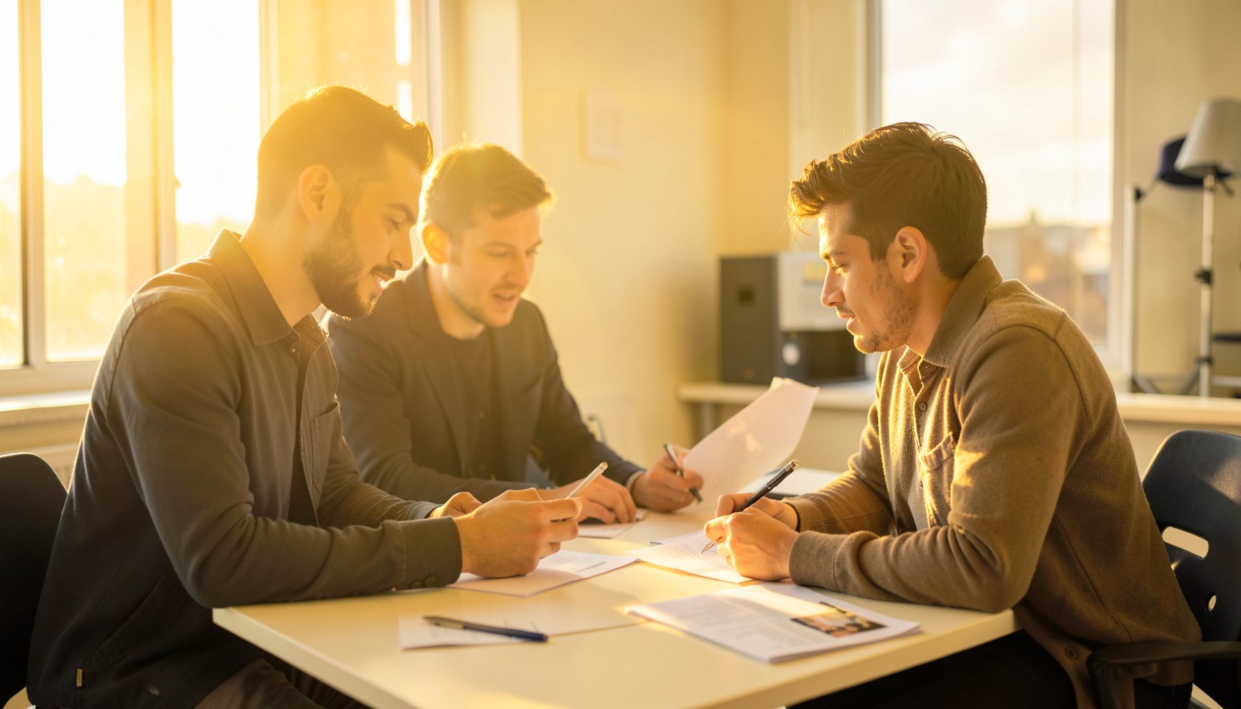 Young professionals reviewing documents together at a bright co-working table, soft cream and navy palette