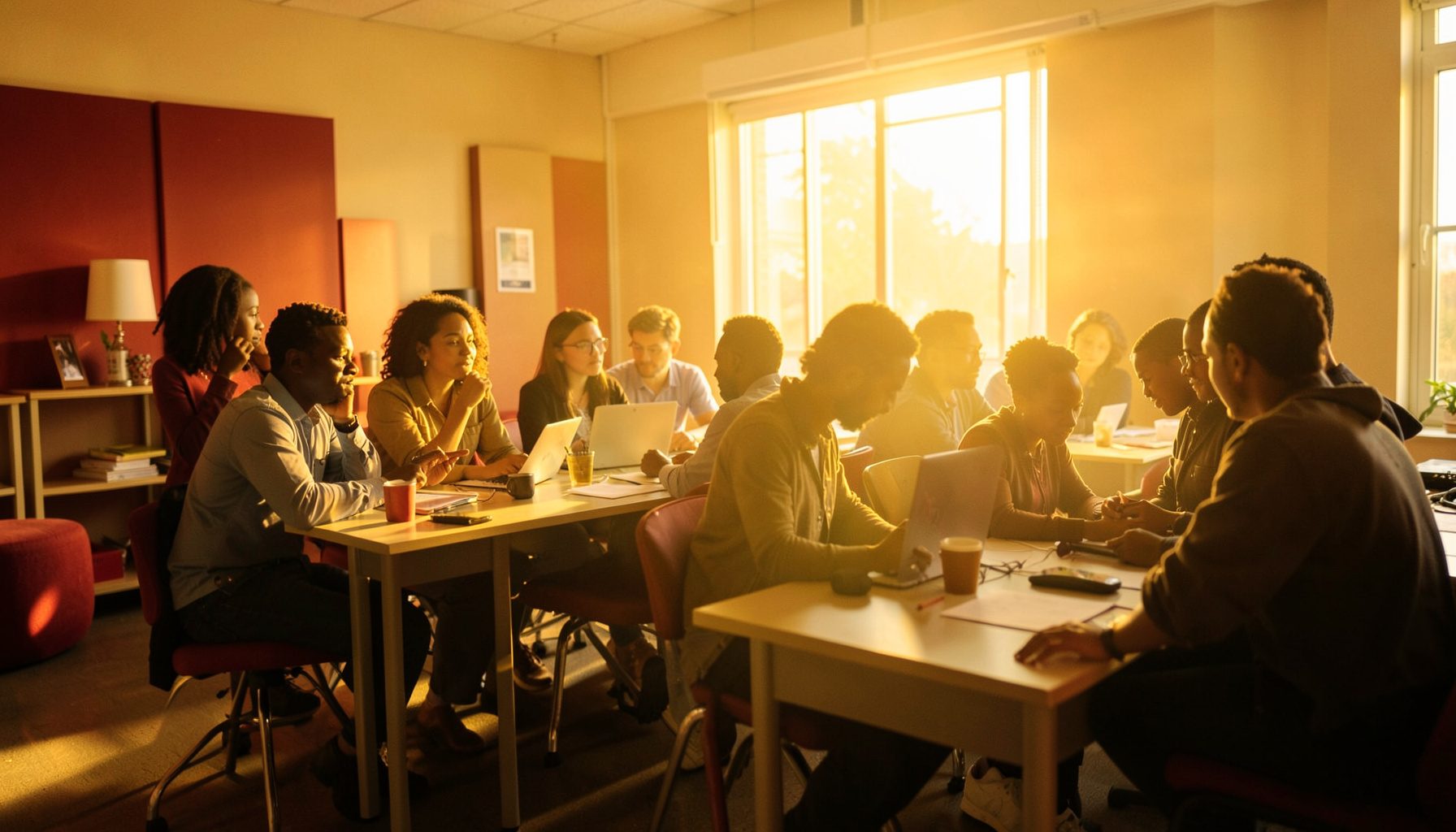 Warm golden-hour light falling across a collaborative workshop space with young African professionals gathered around tables, deep red and cream accents in the room