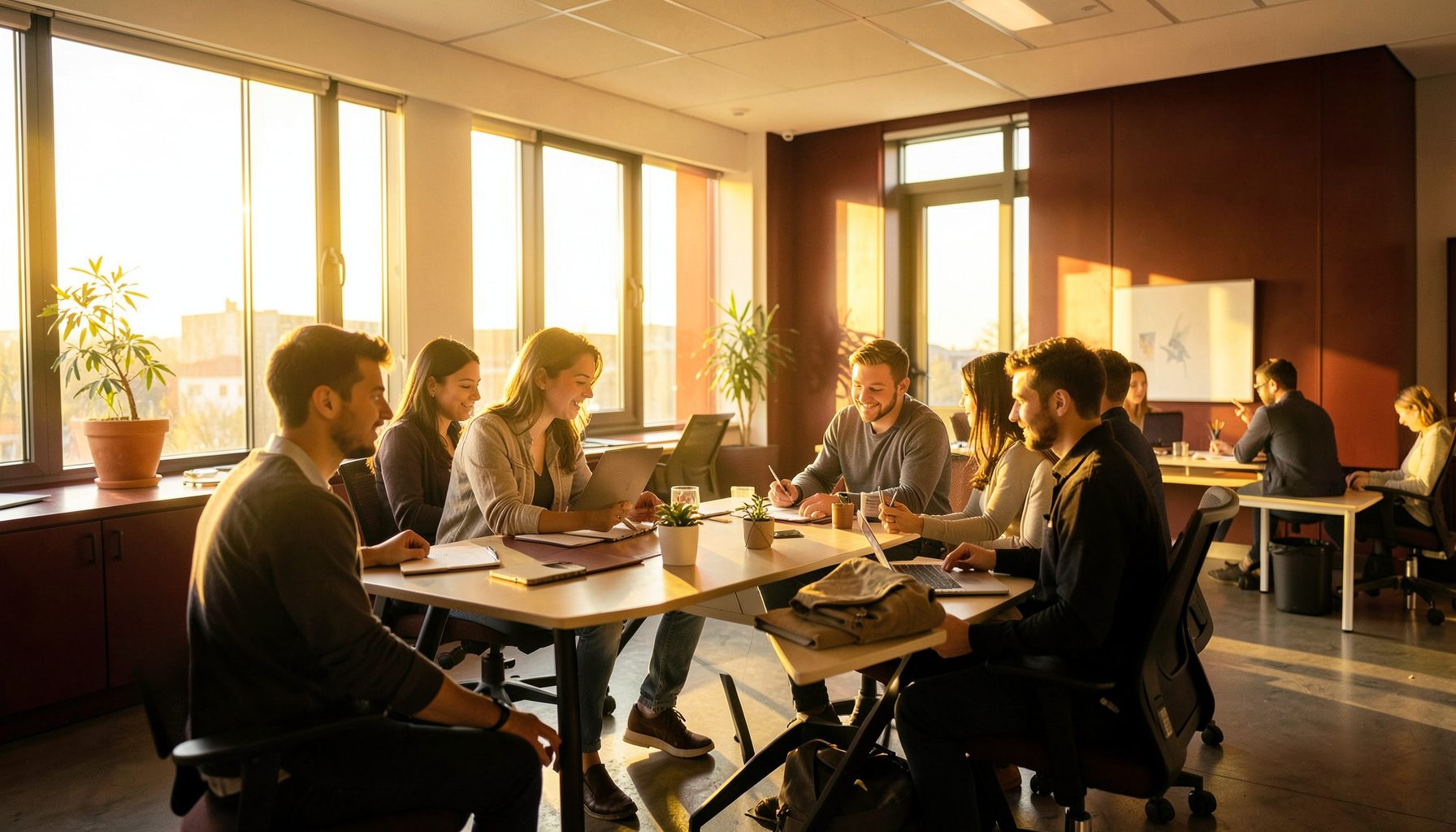 A warm golden-hour photograph of a modern open-plan office with young professionals collaborating around a table, natural light streaming through large windows, deep burgundy and cream accents