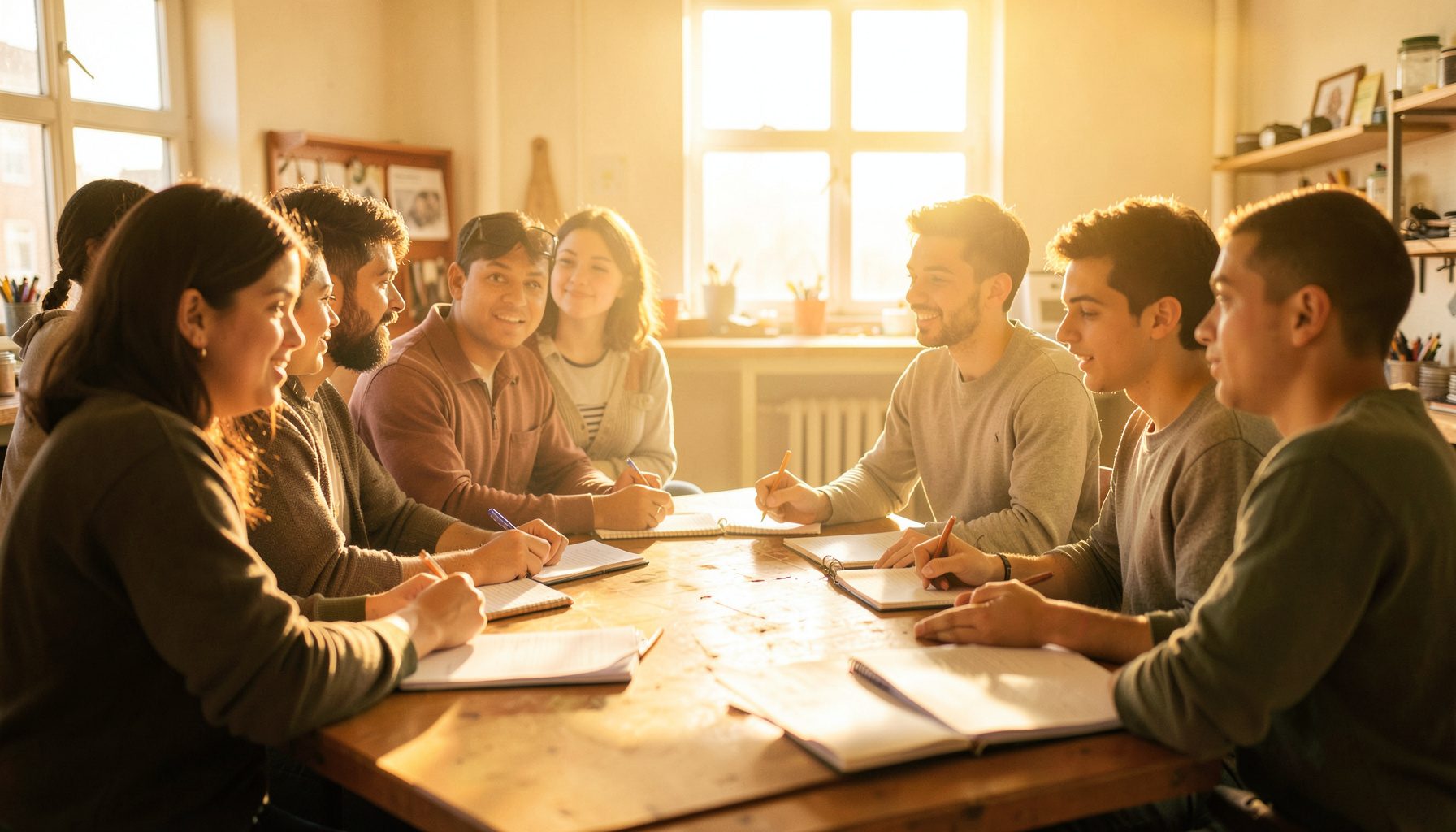 A warm golden-hour photograph of a workshop setting with diverse young adults engaged in a group discussion, notebooks open, soft amber and cream tones throughout