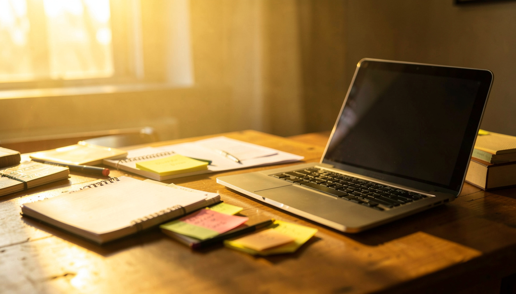 Warm golden-hour photograph of a collaborative workspace with notebooks, sticky notes, and a laptop on a wooden table, bathed in soft amber light that conveys creativity and ambition.