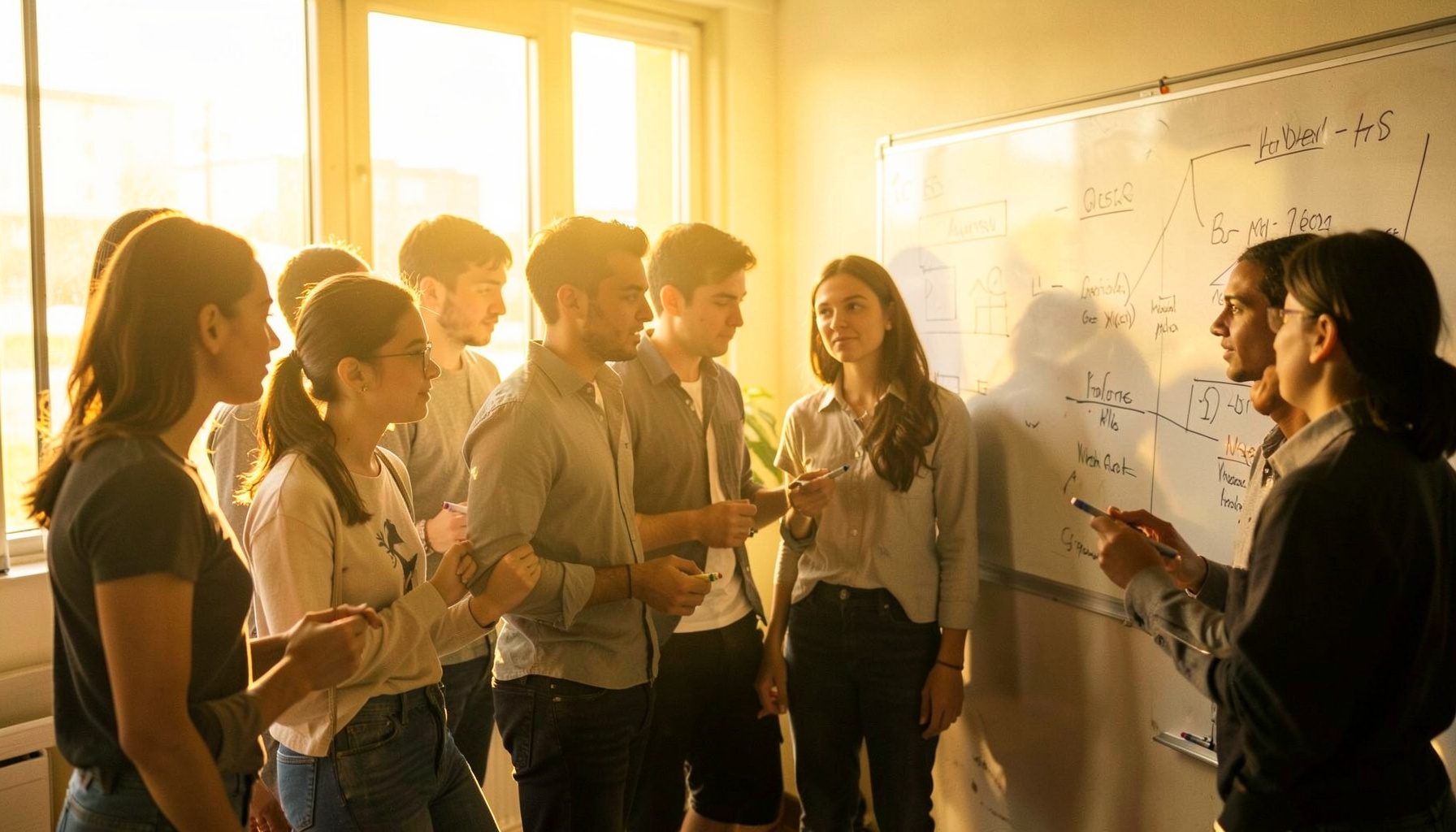 Warm golden-hour photograph of a diverse group of young professionals gathered around a whiteboard, brainstorming ideas with markers in hand, sunlight streaming through nearby windows.