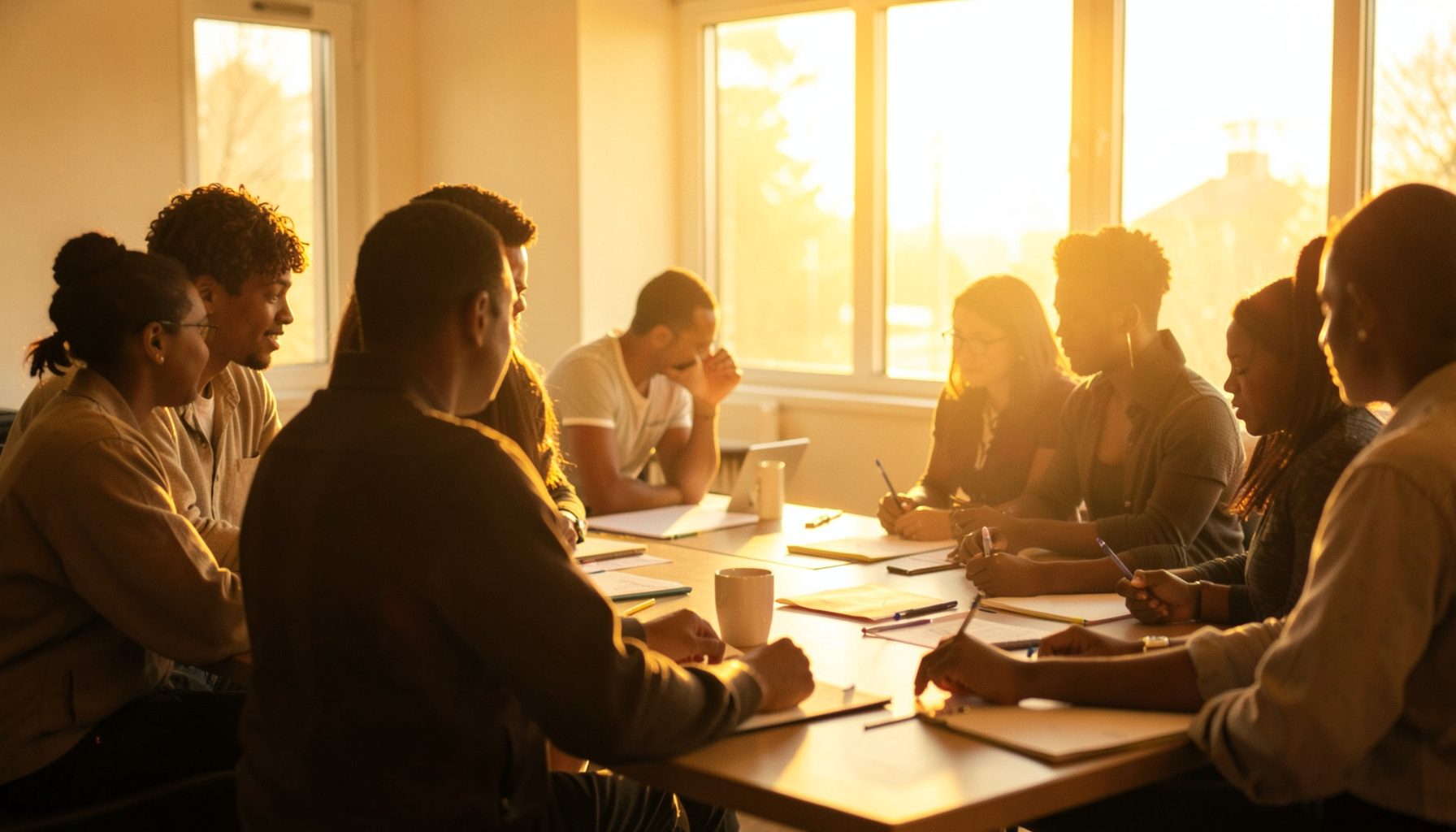 Warm golden-hour photograph of young African professionals gathered in a collaborative workshop setting, natural light streaming through large windows, rich amber and cream tones