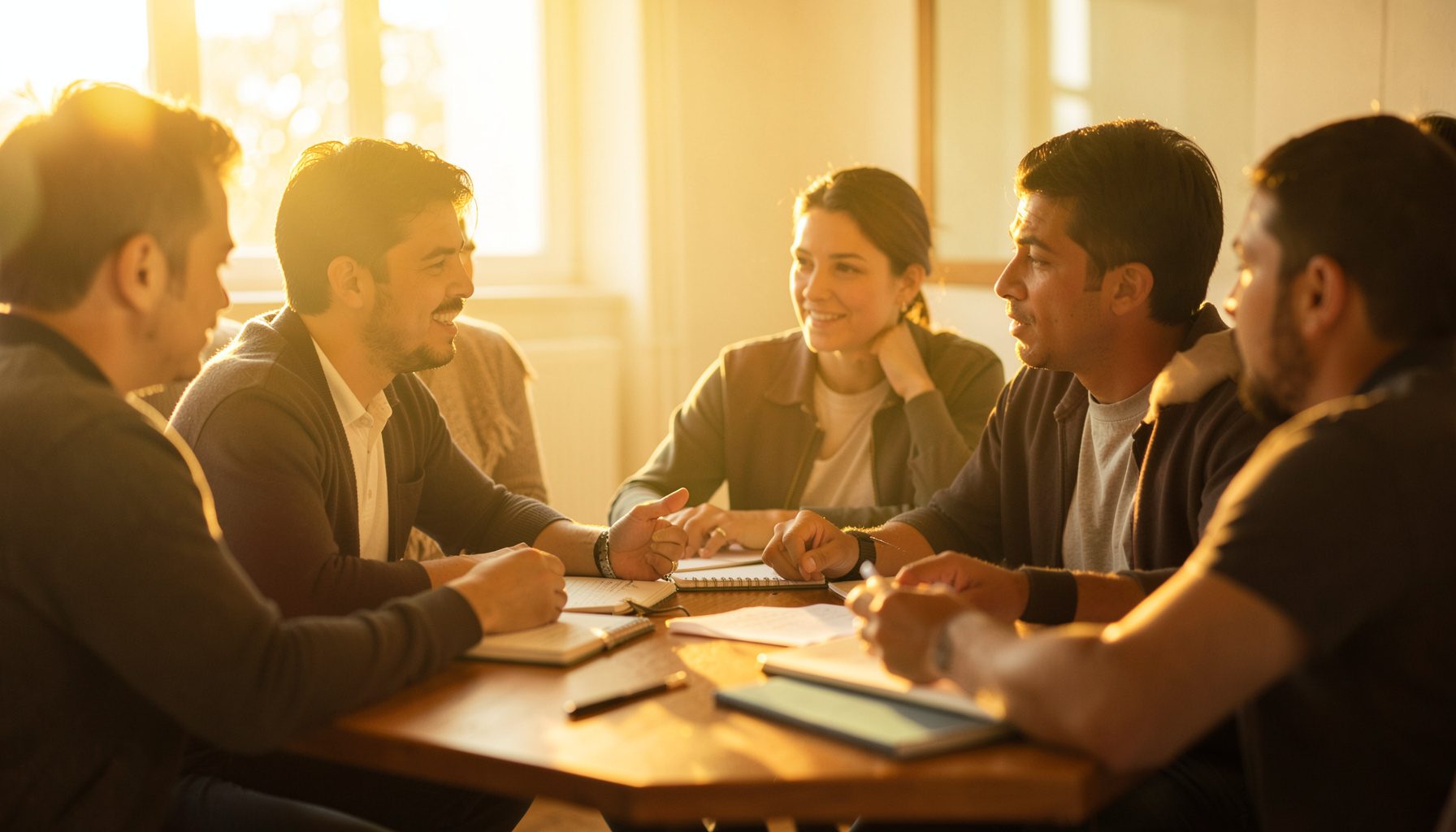 Warm golden-hour photograph of a small group discussion around a table, notebooks open, engaged expressions, soft amber and cream lighting