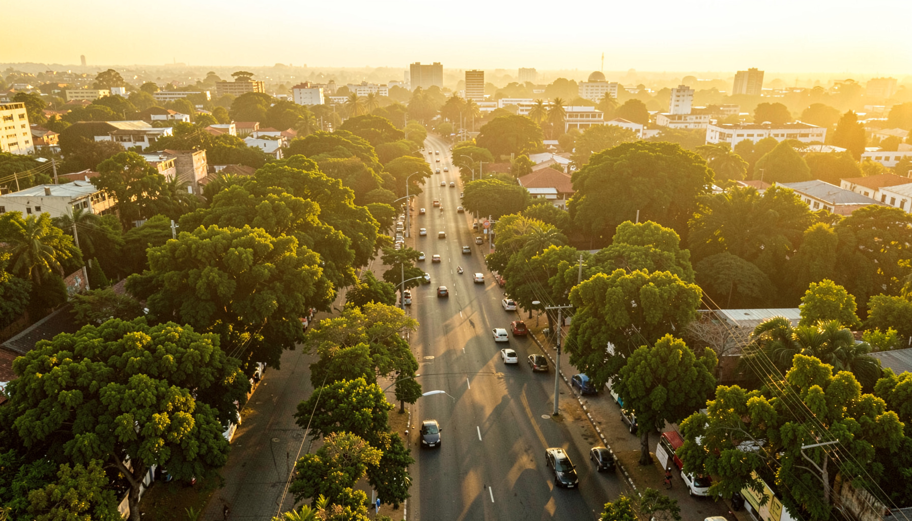 Aerial photograph of the Ngong Road area in Nairobi during golden hour, showing tree-lined streets and the gentle urban landscape of Kenya's capital