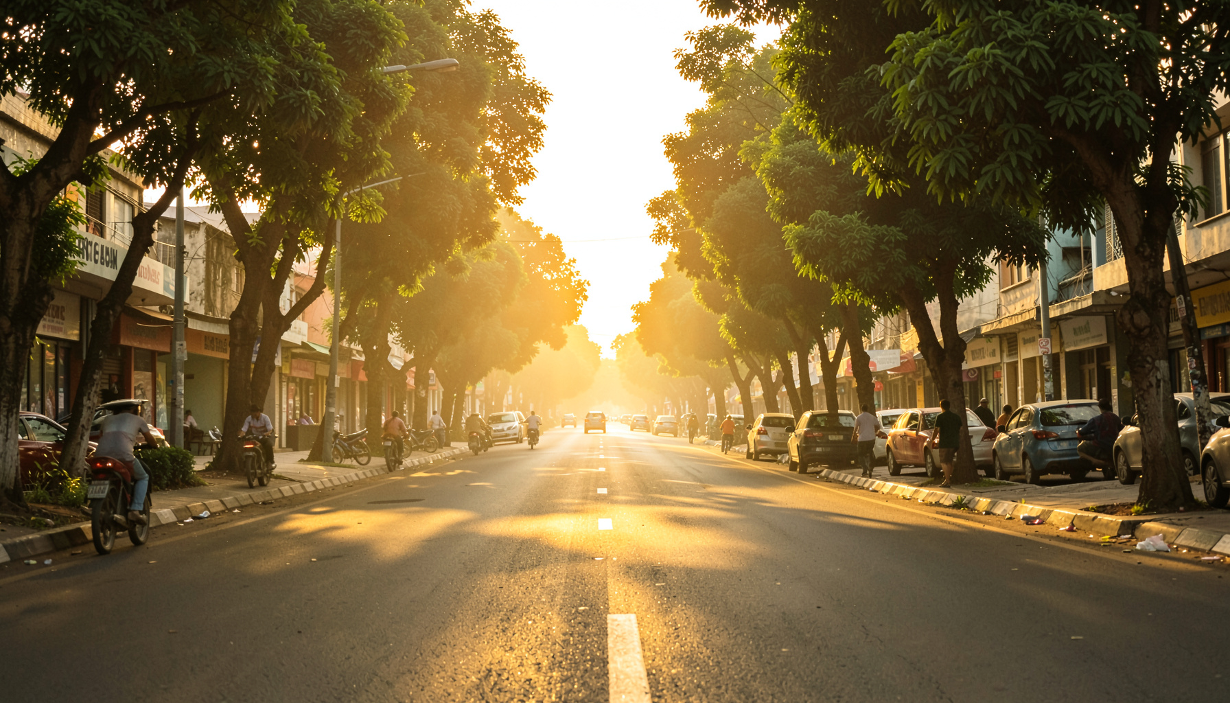 Warm golden-hour photograph of a modern Nairobi streetscape with Ngong Road in soft afternoon light, deep green trees lining the avenue, and a calm, welcoming urban atmosphere